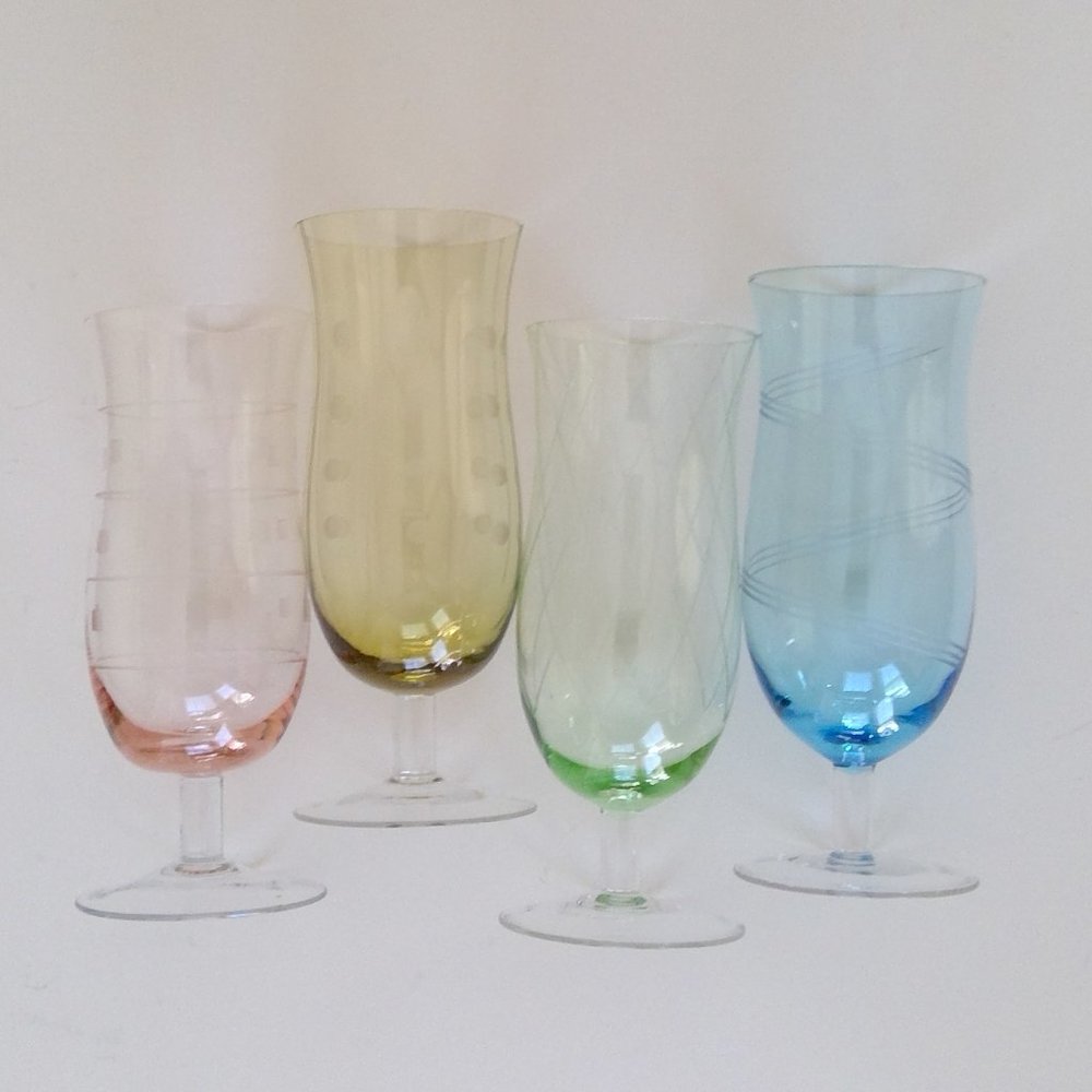 S/4 Hurricane Daiquiri Tall Pastel Multicolor Drinking Glasses w/ etched designs